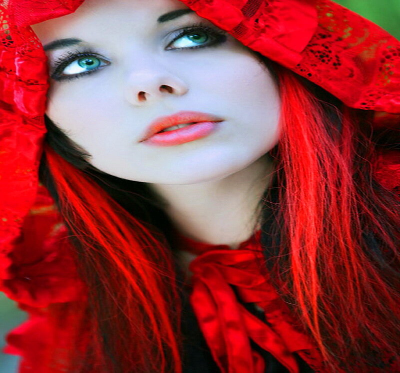 Woman with Red Hair — Dramatic, Photograph, Red Hood
