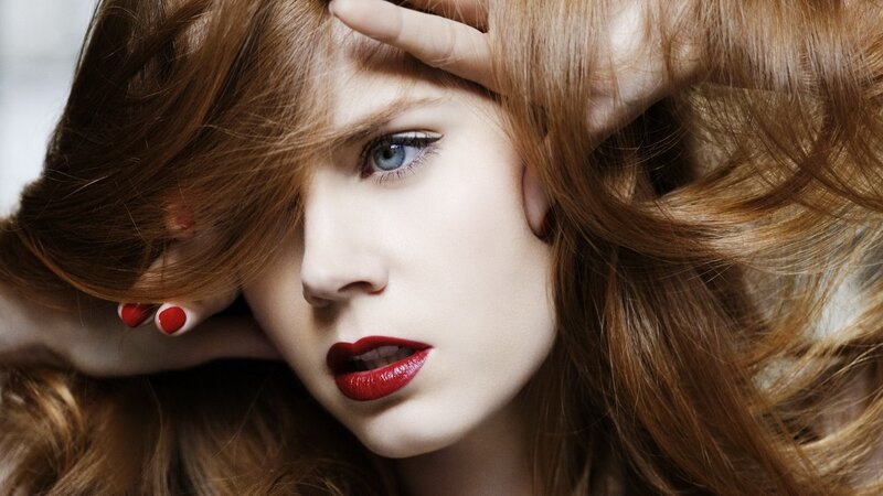 Woman with Red Hair — Dramatic, Photograph, Red Lipstick, Blue Eyes, Hand