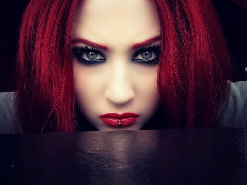 Woman with Red Hair — Dramatic, Photograph, Red Lipstick, Piercing