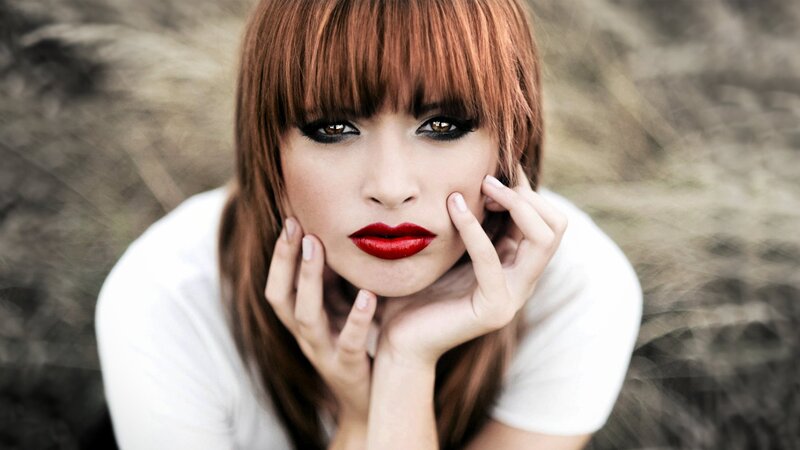 Woman with Red Hair — Dramatic, Photograph, Red Lipstick, White Shirt, Makeup