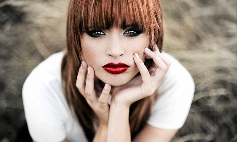 Woman with Red Hair — Dramatic, Photograph, Red Lipstick, White Shirt