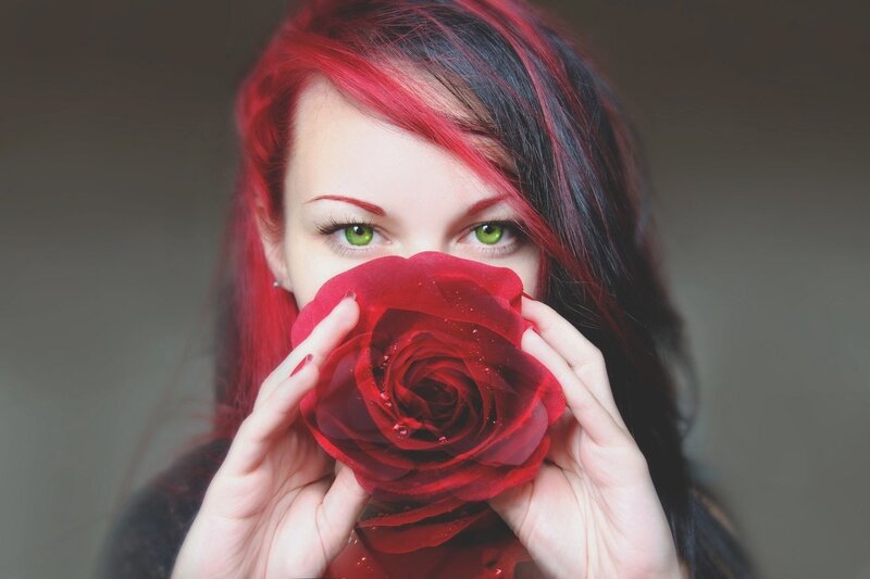 Woman with Red Hair — Dramatic, Photograph, Rose, Green Eyes