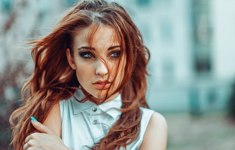 Woman with Red Hair — Dramatic, Photograph, Shirt