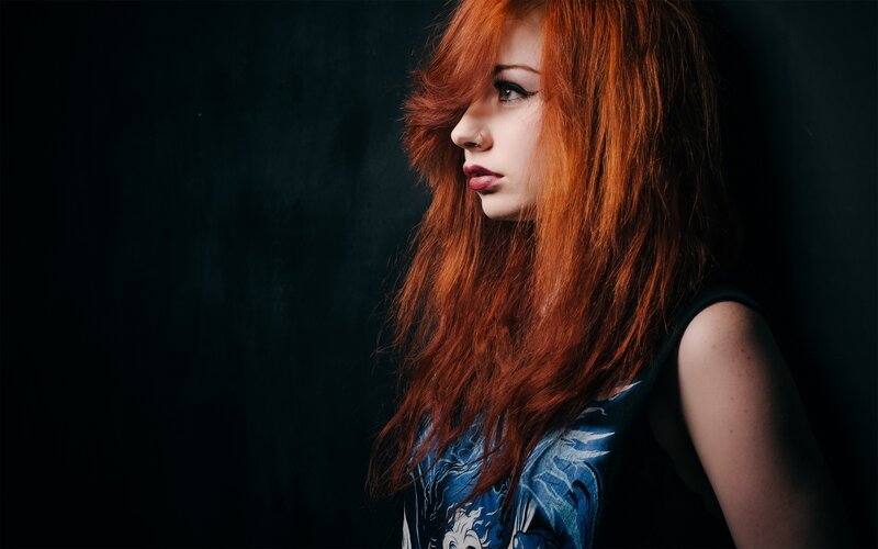 Woman with Red Hair — Dramatic, Photograph, Shirt, Wall