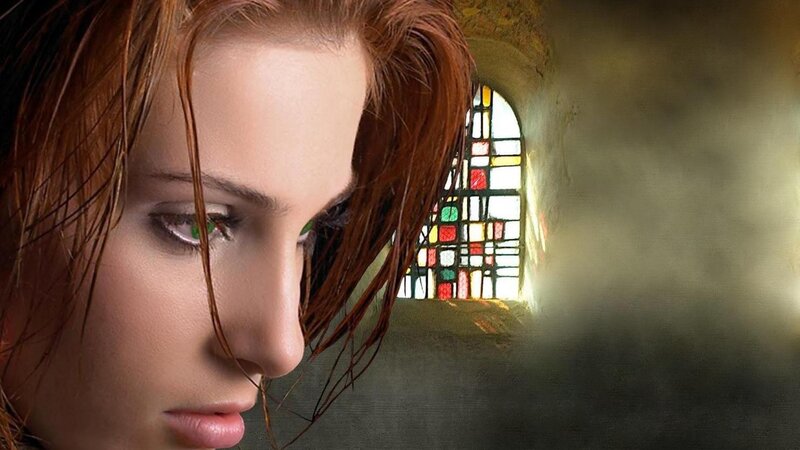 Woman with Red Hair — Dramatic, Photograph, Stained Glass Window