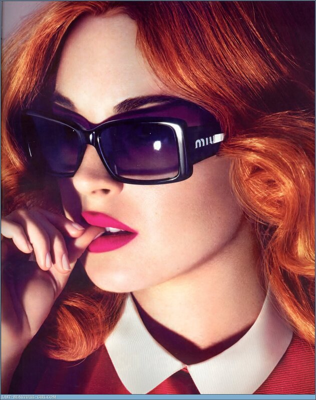 Woman with Red Hair — Dramatic, Photograph, Sunglasses, Lipstick, Collared Shirt