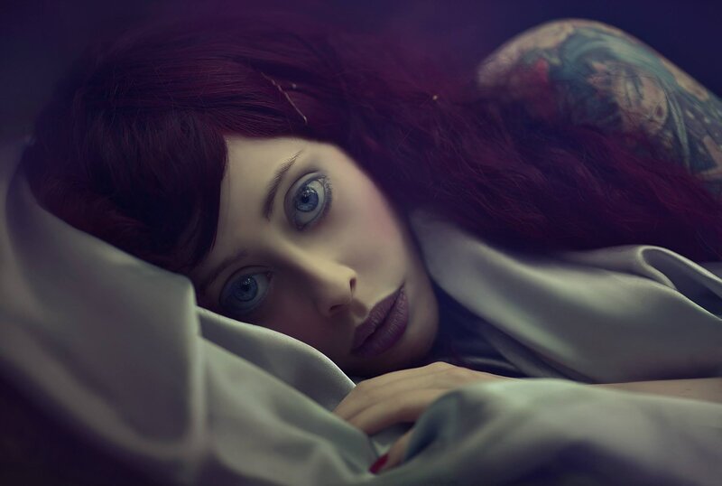 Woman with Red Hair — Dramatic, Photograph, Tattoo, Blanket