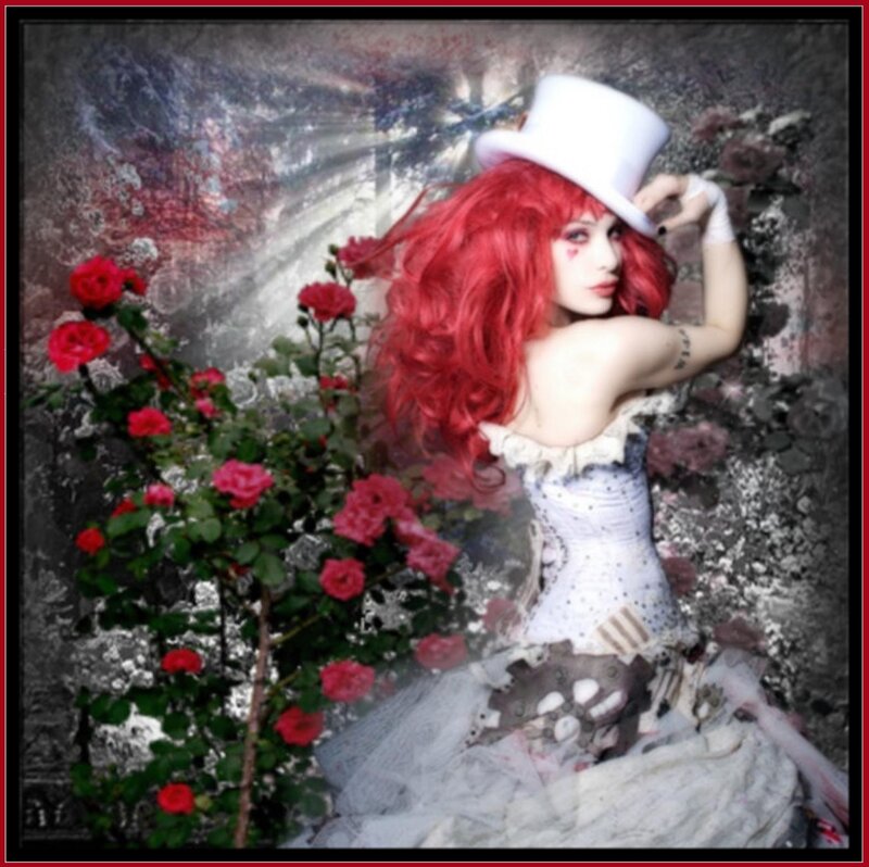Woman with Red Hair — Dramatic, Photograph, Top Hat, Roses