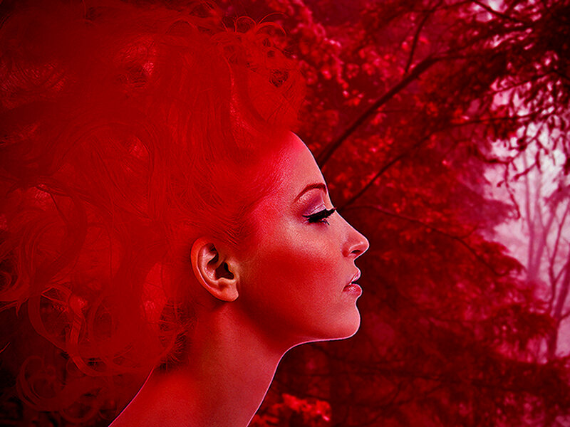 Woman with Red Hair — Dramatic, Photograph, Trees