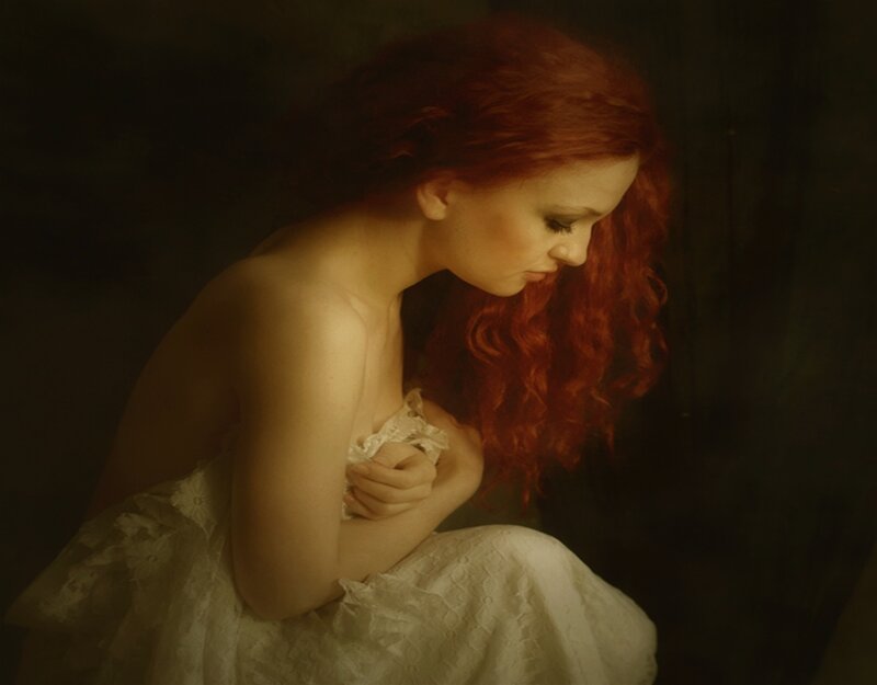 Woman with Red Hair — Dramatic, Photograph, White Dress, Curly Hair