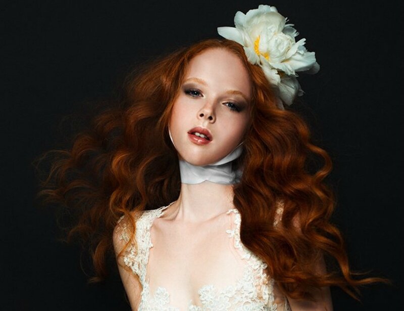 Woman with Red Hair — Dramatic, Photograph, White Flower