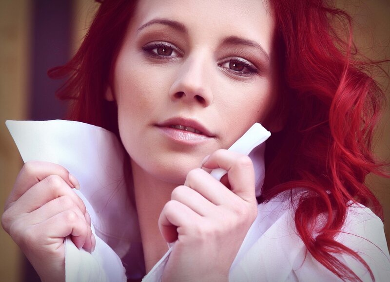 Woman with Red Hair — Dramatic, Photograph, White Shirt, Makeup