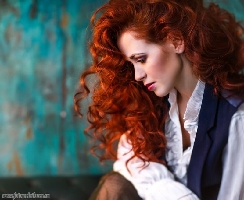 Woman with Red Hair — Dramatic, Photograph, White Shirt