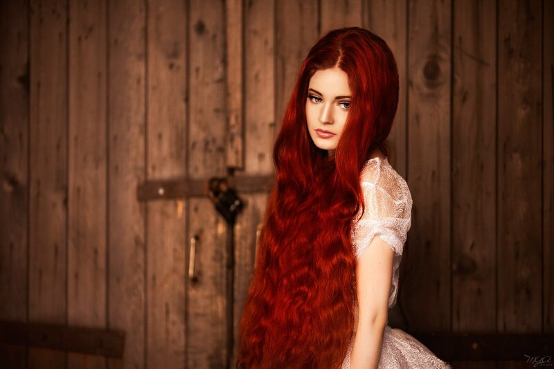 Woman with Red Hair — Dramatic, Photograph, Wooden Wall