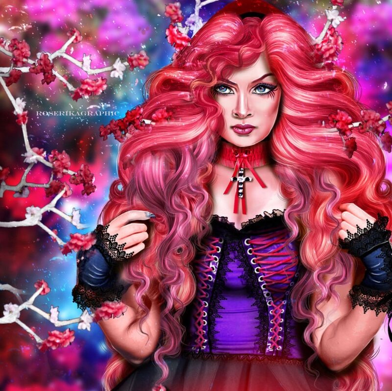 Woman with Red Hair — Dramatic, Spring, Digital Art, Cherry Blossoms