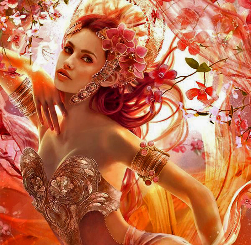 Woman with Red Hair — Dramatic, Spring, Digital Art, Flowers