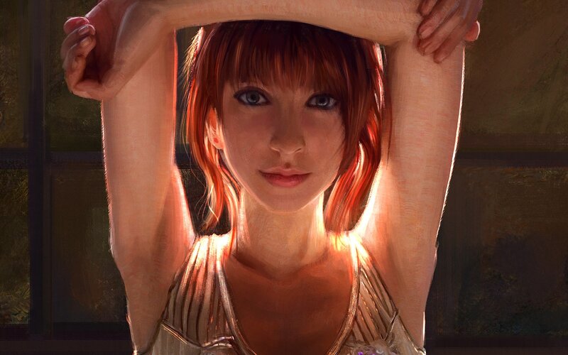 Woman with Red Hair — Dramatic, Sunset, Digital Art, Arms Raised
