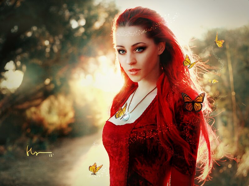 Woman with Red Hair — Dramatic, Sunset, Digital Art, Butterflies