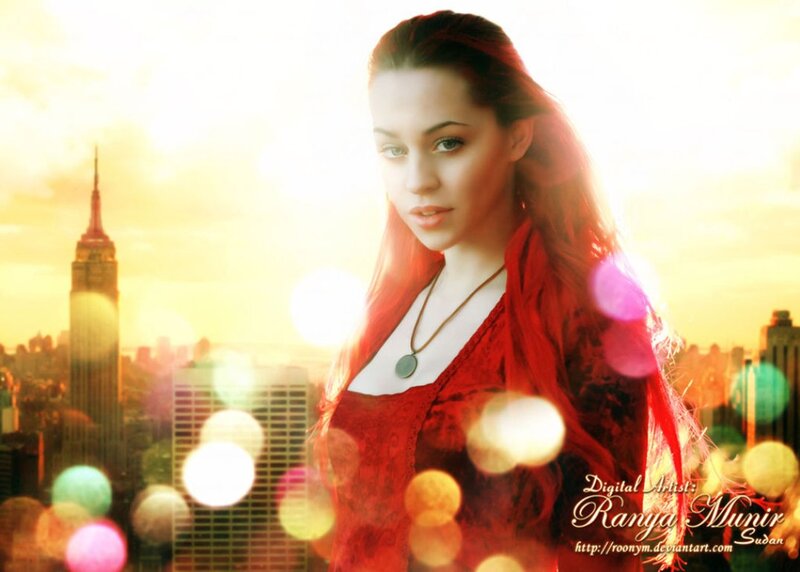 Woman with Red Hair — Dramatic, Sunset, Digital Art, City Skyline