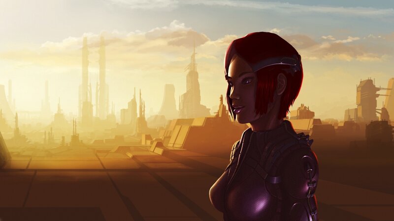 Woman with Red Hair — Dramatic, Sunset, Digital Art, Cityscape, Helmet