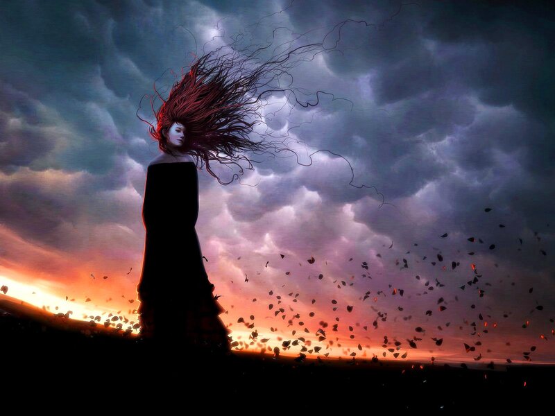 Woman with Red Hair — Dramatic, Sunset, Digital Art, Clouds