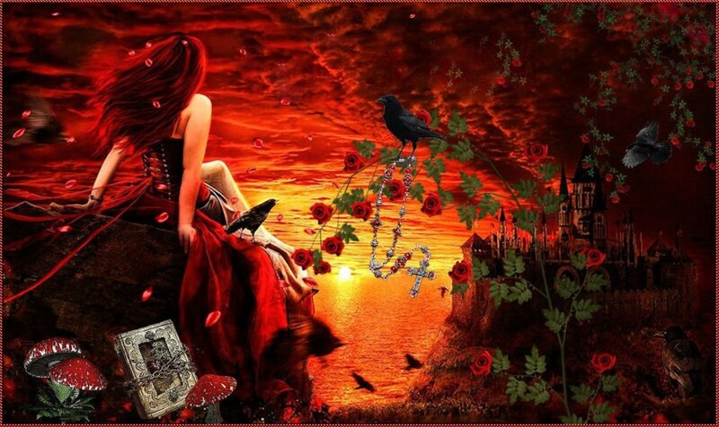 Woman with Red Hair — Dramatic, Sunset, Digital Art, Crows
