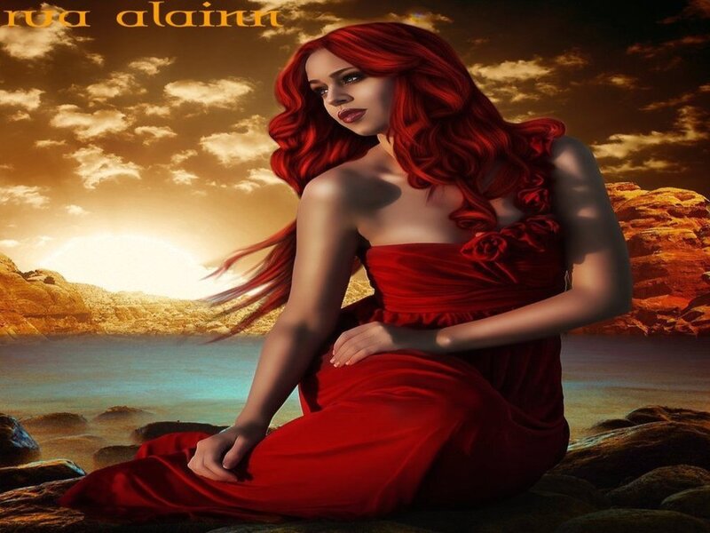 Woman with Red Hair — Dramatic, Sunset, Digital Art, Dress