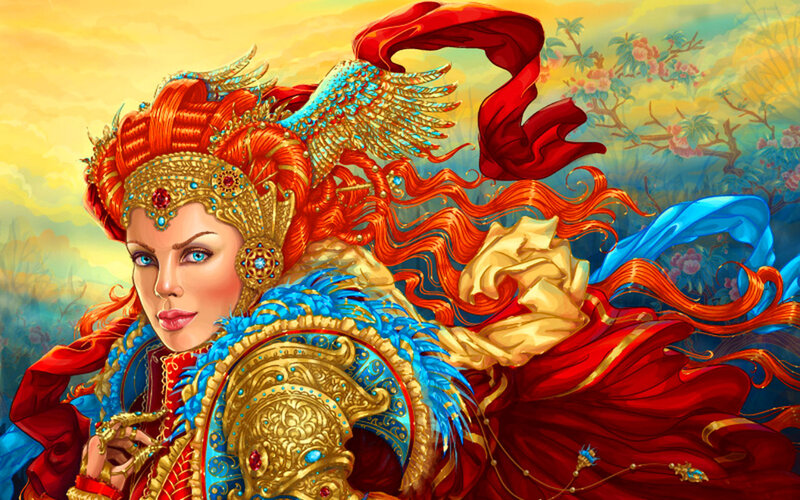Woman with Red Hair — Dramatic, Sunset, Digital Art, Feathered Helmet