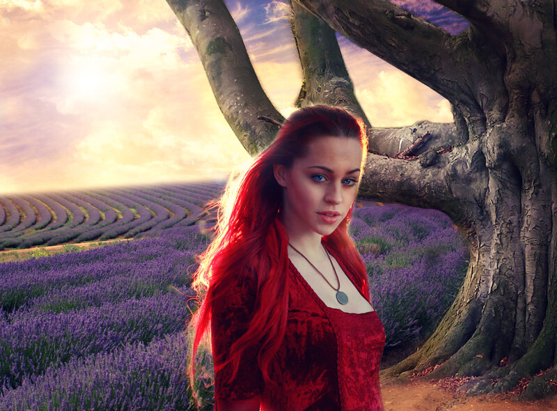 Woman with Red Hair — Dramatic, Sunset, Digital Art, Lavender Field