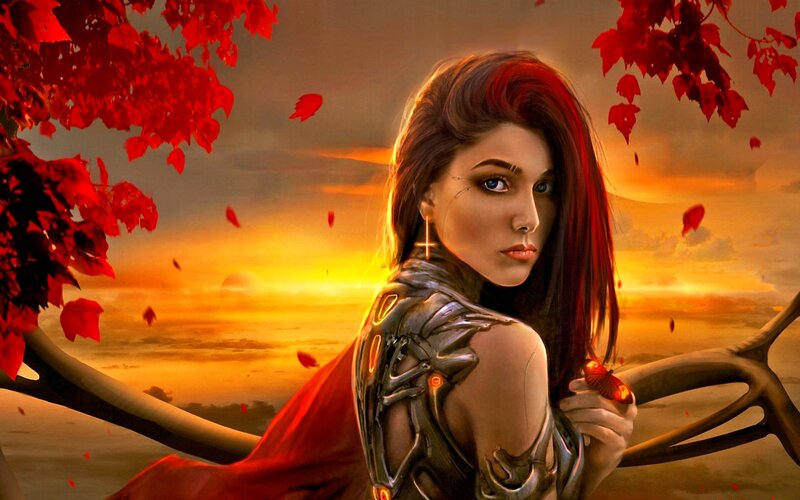 Woman with Red Hair — Dramatic, Sunset, Digital Art, Red Leaves