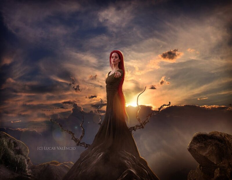 Woman with Red Hair — Dramatic, Sunset, Digital Art, Rocks