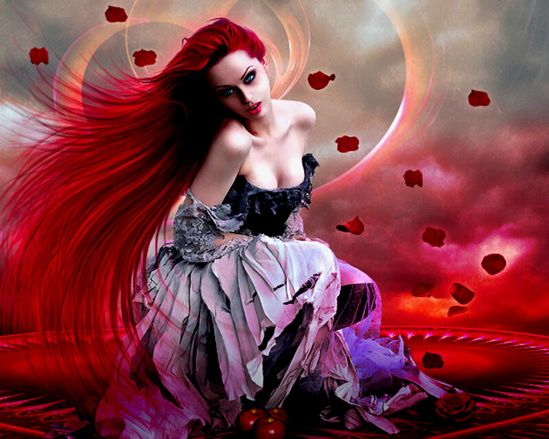 Woman with Red Hair — Dramatic, Sunset, Digital Art, Rose Petals