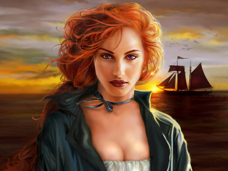 Woman with Red Hair — Dramatic, Sunset, Digital Art, Sailboat