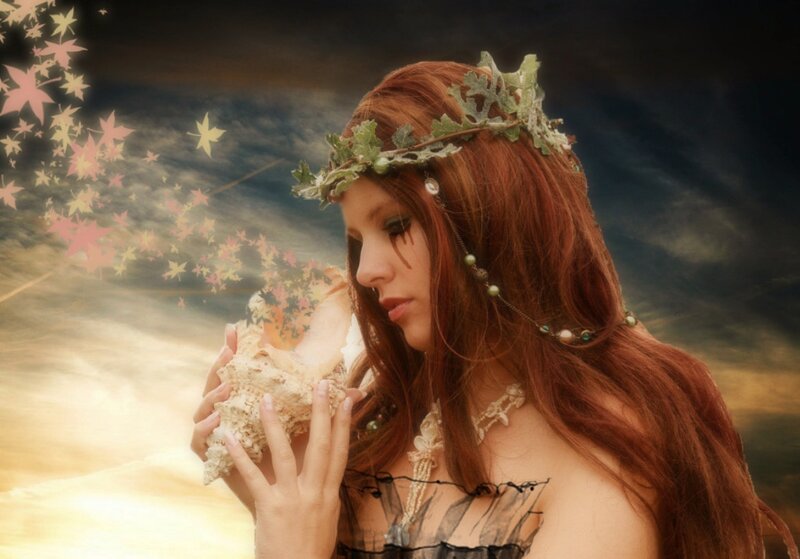 Woman with Red Hair — Dramatic, Sunset, Digital Art, Seashell