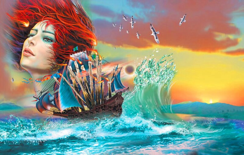 Woman with Red Hair — Dramatic, Sunset, Digital Art, Ship
