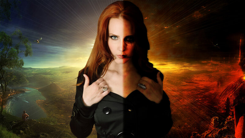 Woman with Red Hair — Dramatic, Sunset, Digital Art, Split Background