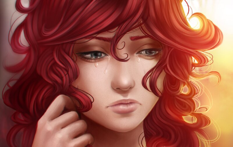 Woman with Red Hair — Dramatic, Sunset, Digital Art, Tears, Hand