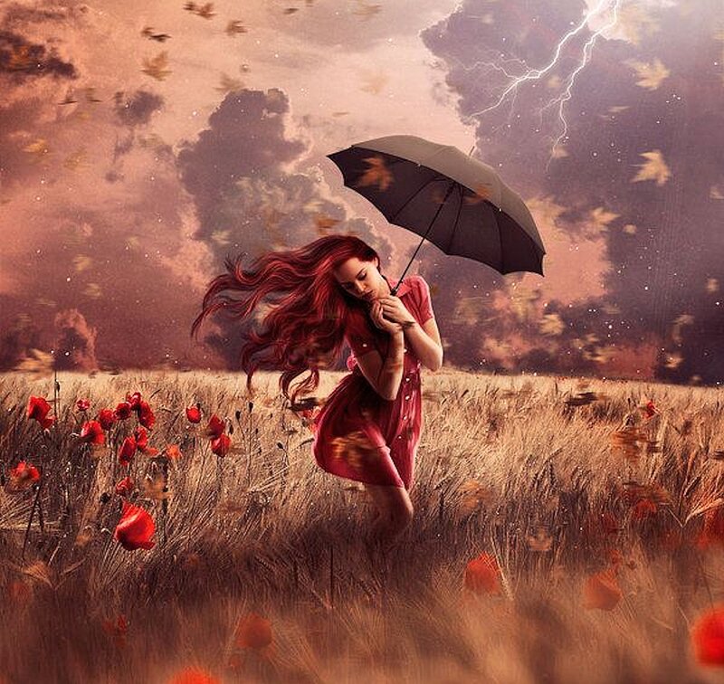 Woman with Red Hair — Dramatic, Sunset, Digital Art, Umbrella, Field