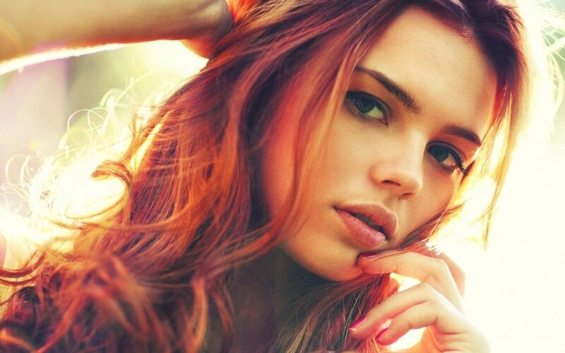 Woman with Red Hair — Dramatic, Sunset, Photograph, Hand, Sunlight, Yellow