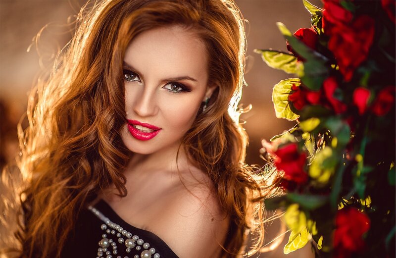 Woman with Red Hair — Dramatic, Sunset, Photograph, Red Roses