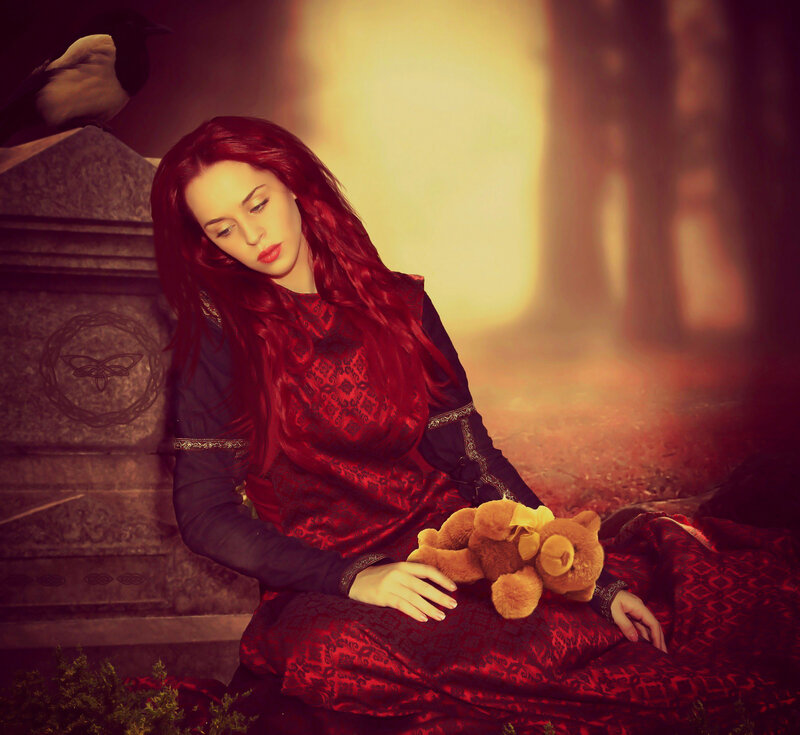 Woman with Red Hair — Dramatic, Sunset, Photograph, Teddy Bear