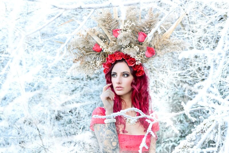 Woman with Red Hair — Dramatic, Winter, Photograph, Flowers, Tattoo