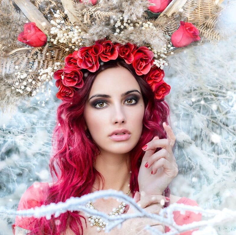 Woman with Red Hair — Dramatic, Winter, Photograph, Red Roses
