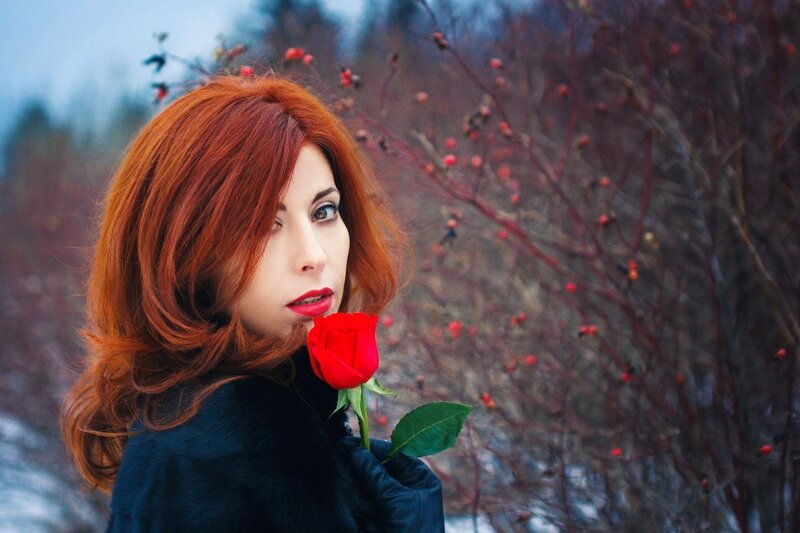 Woman with Red Hair — Dramatic, Winter, Photograph, Rose