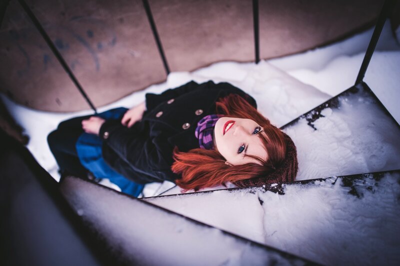 Woman with Red Hair — Dramatic, Winter, Photograph, Snow, Coat