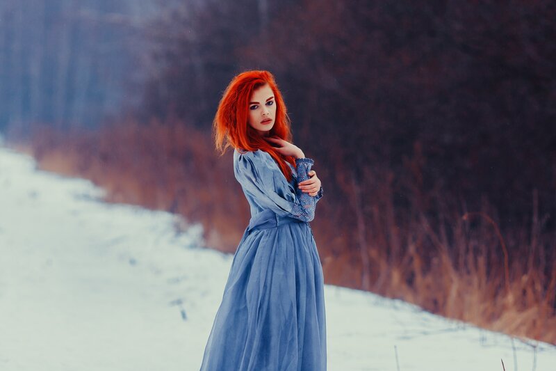 Woman with Red Hair — Dramatic, Winter, Photograph, Snow
