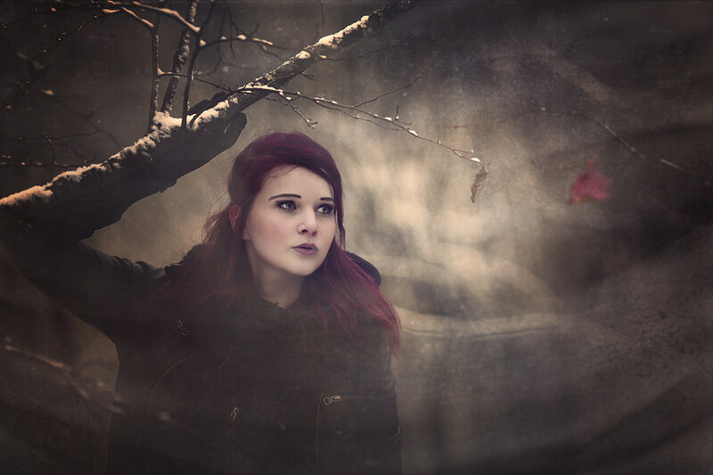 Woman with Red Hair — Dramatic, Winter, Photograph, Snowy Tree