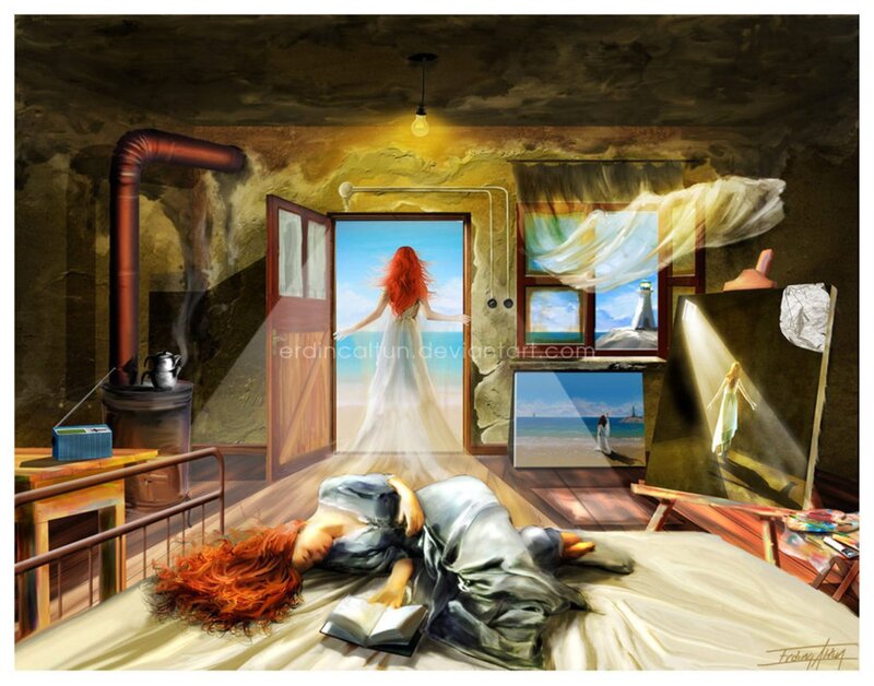 Woman with Red Hair — Dreamy, Afternoon, Digital Art, Bed
