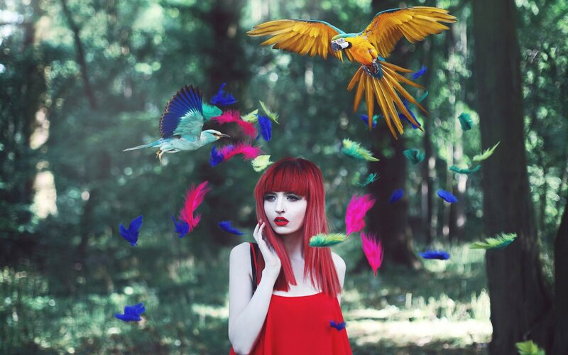 Woman with Red Hair — Dreamy, Afternoon, Digital Art, Parrot