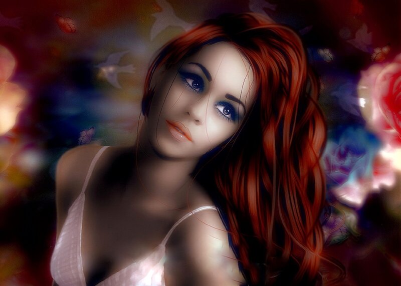 Woman with Red Hair — Dreamy, Digital Art, Butterflies, Birds, Flowers